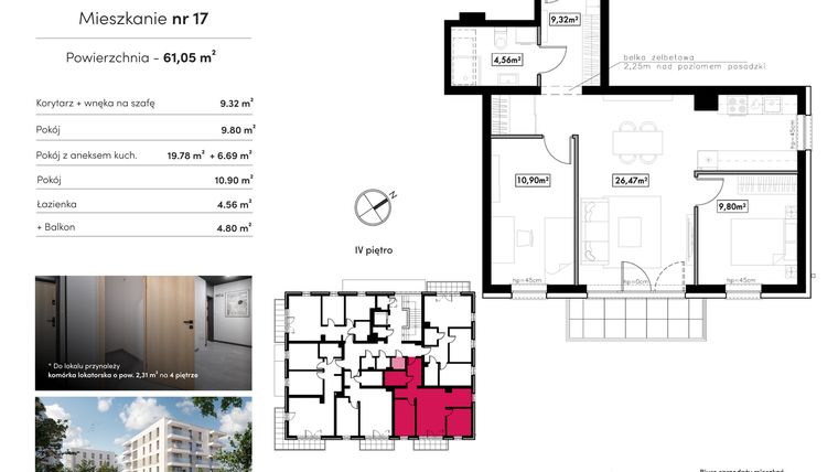 Rzut - Mieszkanie na sprzedaż 3 pokoje o powierzchni 61,05 m² - numer 17 w Novum Rumia - bud. 22