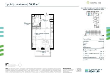 Rzut - Mieszkanie na sprzedaż 1 pokój o powierzchni 30,98 m² - numer AC0292 w Orneko