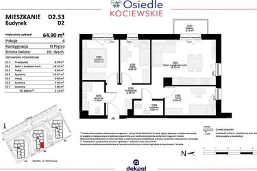 Rzut - Mieszkanie na sprzedaż 4 pokoje o powierzchni 64,9 m² - numer D2.33 w Osiedle Kociewskie etap IV