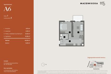 Rzut - Mieszkanie na sprzedaż 2 pokoje o powierzchni 44,89 m² - numer A6 w Mazowiecka 115
