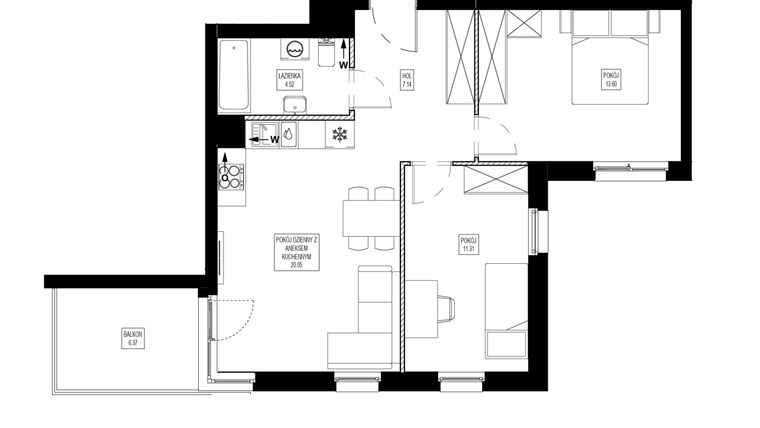 Rzut - Mieszkanie na sprzedaż 3 pokoje o powierzchni 56,62 m² - numer OK6/A/1/15 w Osiedle Kameralne VI