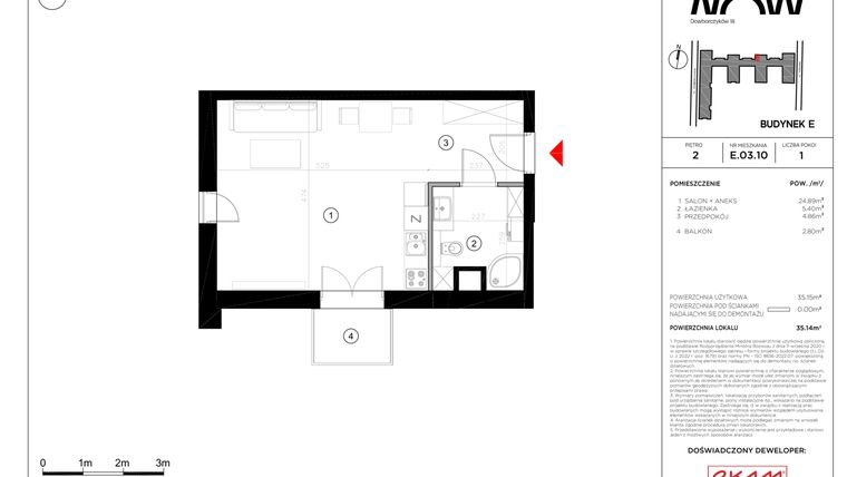 Rzut - Mieszkanie na sprzedaż 1 pokój o powierzchni 35,14 m² - numer E.03.10 w NOW