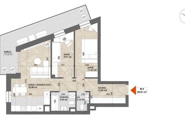 Rzut - Mieszkanie na sprzedaż 3 pokoje o powierzchni 60,91 m² - numer 9 w Apartamenty Śródmieście