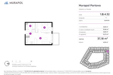 Rzut - Mieszkanie na sprzedaż 2 pokoje o powierzchni 37,18 m² - numer 1.B.4.32 w Murapol Portovo etap II