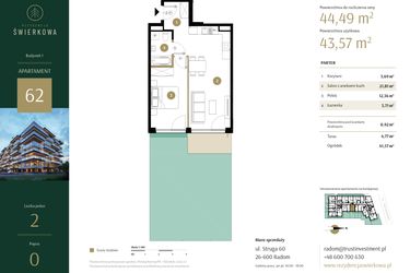 Rzut - Mieszkanie na sprzedaż 2 pokoje o powierzchni 44,49 m² - numer 62 w Rezydencja Świerkowa