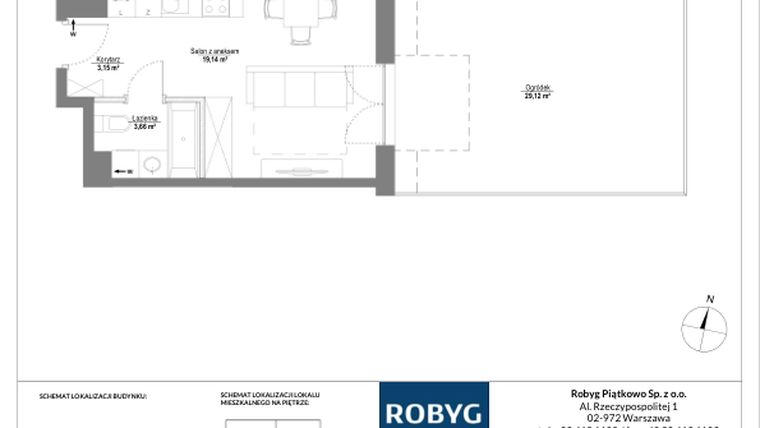 Rzut - Mieszkanie na sprzedaż 1 pokój o powierzchni 25,95 m² - numer B.0M20 w Początek Piątkowo bud. B