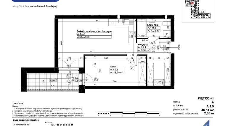 Rzut - Mieszkanie na sprzedaż 2 pokoje o powierzchni 46,51 m² - numer A/1/9 w Świerzawska 13