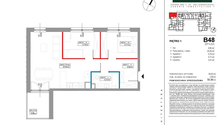 Rzut - Mieszkanie na sprzedaż 3 pokoje o powierzchni 58,3 m² - numer B048 w Grunwald Między Drzewami etap II
