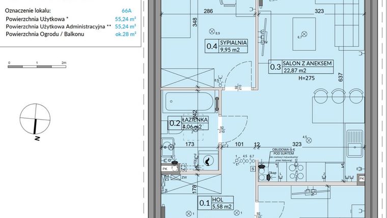 Rzut - Mieszkanie na sprzedaż 3 pokoje o powierzchni 55,24 m² - numer 66A w Osiedle Młodych etap X