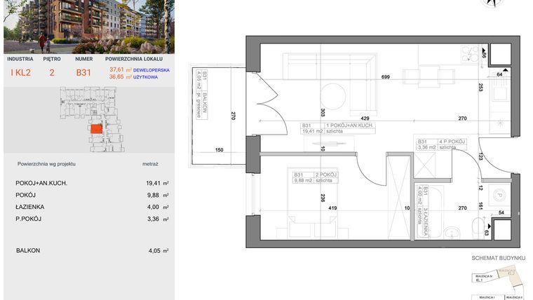 Rzut - Mieszkanie na sprzedaż 2 pokoje o powierzchni 36,65 m² - numer I-B31 w Industria etap I-B