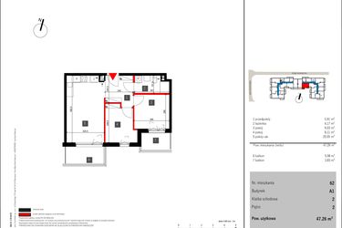 Rzut - Mieszkanie na sprzedaż 3 pokoje o powierzchni 47,26 m² - numer 62 w Mochtyńska 56