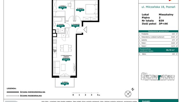 Rzut - Mieszkanie na sprzedaż 3 pokoje o powierzchni 58,7 m² - numer B39 w Milczańska 18