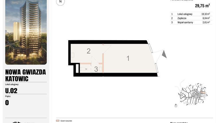 Rzut - Lokal użytkowy na sprzedaż 1 pokój o powierzchni 29,75 m² - numer U.02 w Nowa Gwiazda