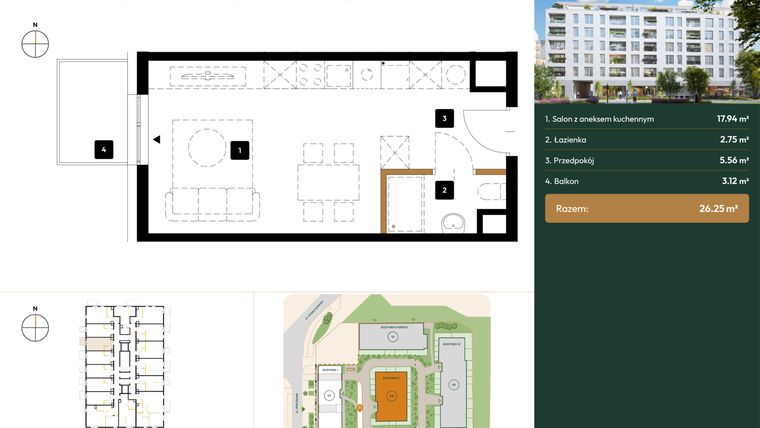 Rzut - Mieszkanie na sprzedaż 1 pokój o powierzchni 26,25 m² - numer B2.4.07 w Wierzbowa 20