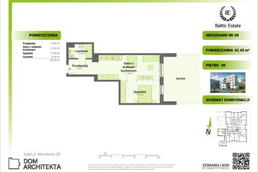 Rzut - Mieszkanie na sprzedaż 2 pokoje o powierzchni 42,45 m² - numer 00.M.08 w Dom Architekta