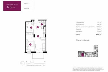 Rzut - Mieszkanie na sprzedaż 2 pokoje o powierzchni 42,54 m² - numer 1.B.1.04 w Murapol Urcity