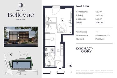 Rzut - Mieszkanie na sprzedaż 1 pokój o powierzchni 37,61 m² - numer 6 w Hotel Bellevue