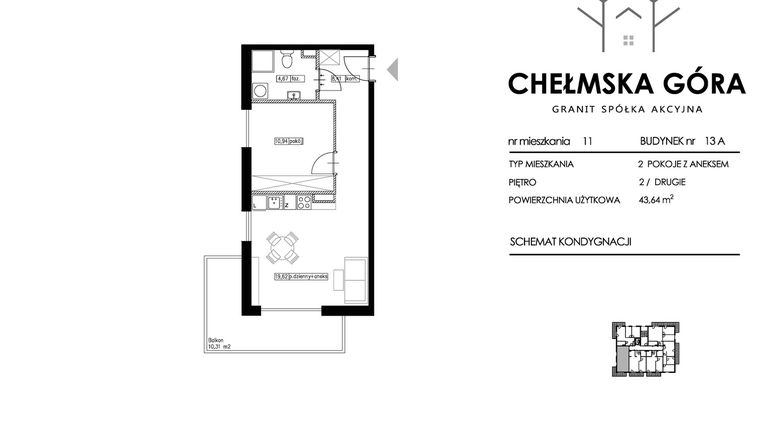 Rzut - Mieszkanie na sprzedaż 2 pokoje o powierzchni 43,64 m² - numer 13A-M11 w Chełmska Góra etap II