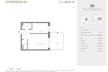 Rzut - Mieszkanie na sprzedaż 2 pokoje o powierzchni 49,91 m² - numer B.04 w Ville Garden