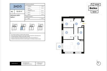 Rzut - Mieszkanie na sprzedaż 3 pokoje o powierzchni 62,4 m² - numer 2AD/3 w Osiedle Bolko etap II