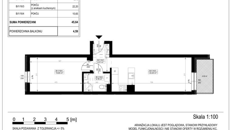 Rzut - Mieszkanie na sprzedaż 2 pokoje o powierzchni 45,64 m² - numer B-1-16 w Zamieszkaj na Rudawskiej 5