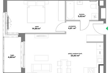 Rzut - Mieszkanie na sprzedaż 2 pokoje o powierzchni 48,31 m² - numer B1-12 w Forma Otwarta etap II