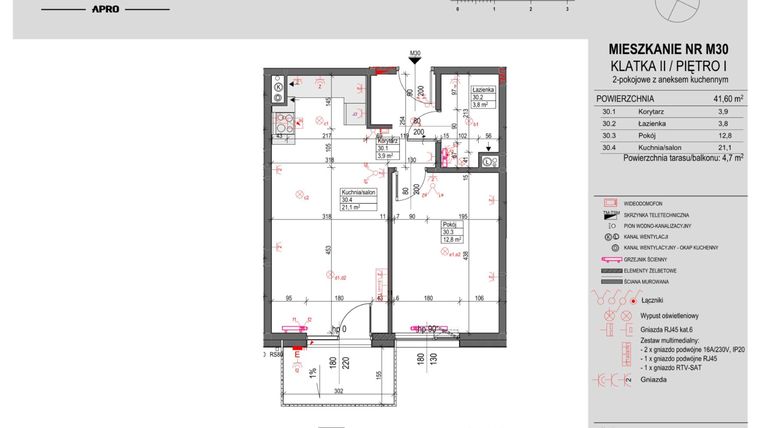 Rzut - Mieszkanie na sprzedaż 2 pokoje o powierzchni 41,6 m² - numer M30 w Antczaka 46