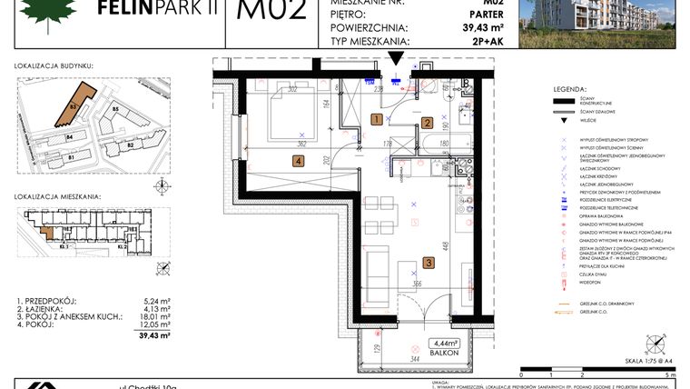 Rzut - Mieszkanie na sprzedaż 2 pokoje o powierzchni 39,43 m² - numer M02 w Felin Park II etap 2