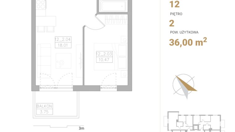 Rzut - Mieszkanie na sprzedaż 2 pokoje o powierzchni 36 m² - numer 2.12 w Porto Bianco IV