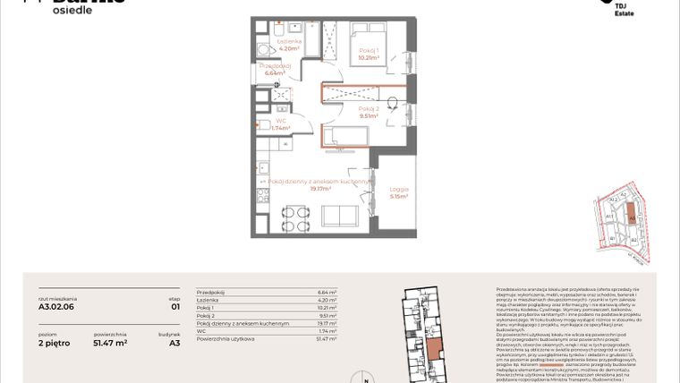Rzut - Mieszkanie na sprzedaż 3 pokoje o powierzchni 51,47 m² - numer A3-02.06 w Sarnie Osiedle