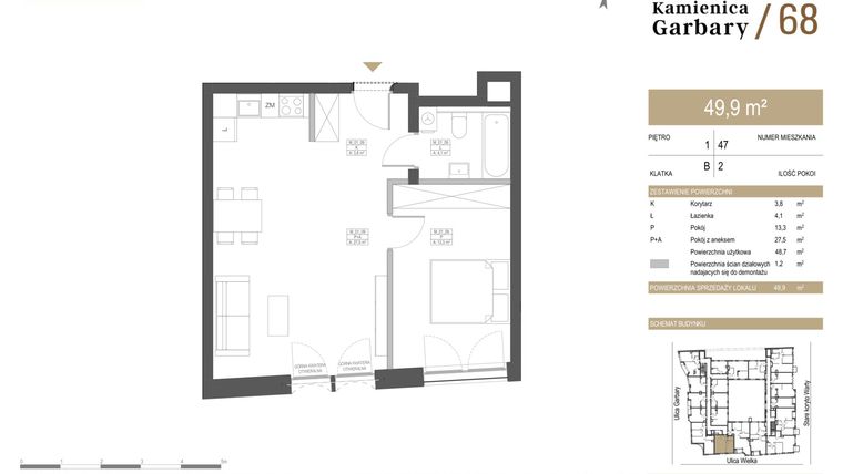 Rzut - Mieszkanie na sprzedaż 2 pokoje o powierzchni 49,9 m² - numer 47 w Garbary 68
