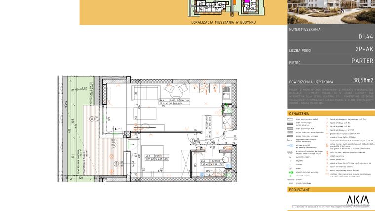 Rzut - Mieszkanie na sprzedaż 2 pokoje o powierzchni 38,58 m² - numer B1.44 w Nova Daliova