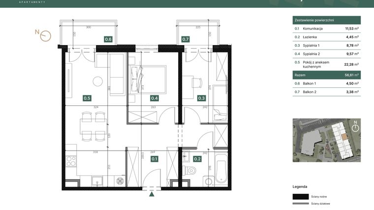 Rzut - Mieszkanie na sprzedaż 3 pokoje o powierzchni 56,61 m² - numer M33 w Sadyba 2.0
