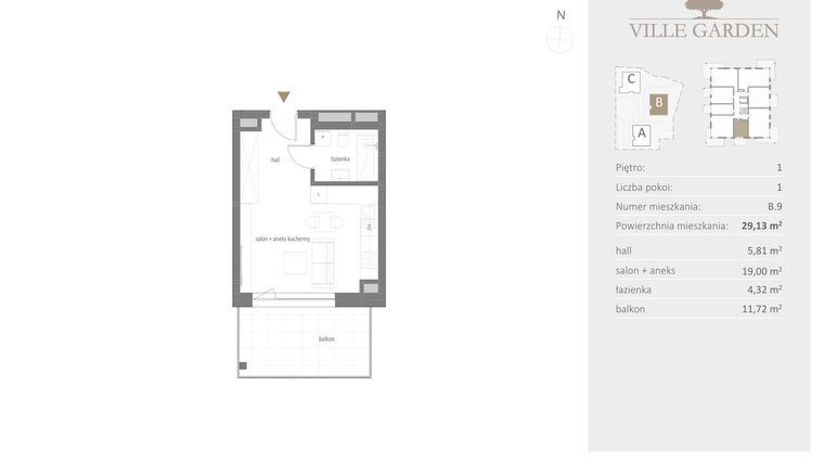 Rzut - Mieszkanie na sprzedaż 1 pokój o powierzchni 29,13 m² - numer B.09 w Ville Garden
