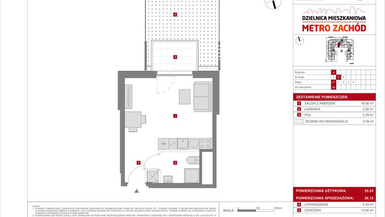 Rzut - Mieszkanie na sprzedaż 1 pokój o powierzchni 26,12 m² - numer A.55 w Dzielnica Mieszkaniowa Metro Zachód - etap 8.1