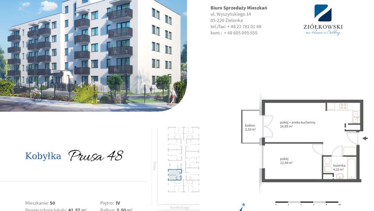Rzut - Mieszkanie na sprzedaż 2 pokoje o powierzchni 41,57 m² - numer 50 w Prusa 48