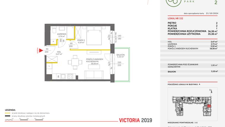 Rzut - Mieszkanie na sprzedaż 1 pokój o powierzchni 36,38 m² - numer A.152 w Olchowy Park II