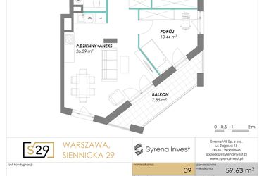 Rzut - Mieszkanie na sprzedaż 3 pokoje o powierzchni 59,63 m² - numer 9 w Siennicka 29