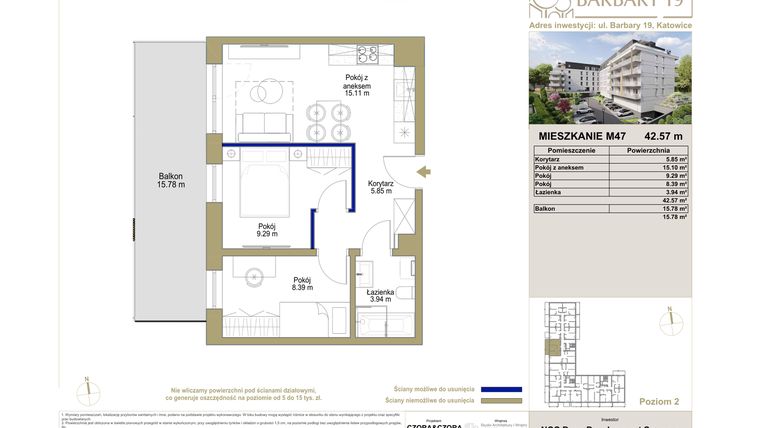 Rzut - Mieszkanie na sprzedaż 3 pokoje o powierzchni 42,57 m² - numer M47 w Barbary 19