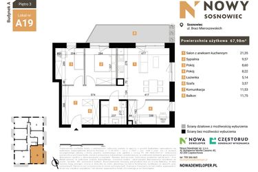 Rzut - Mieszkanie na sprzedaż 4 pokoje o powierzchni 67,98 m² - numer 19 w Nowy Sosnowiec