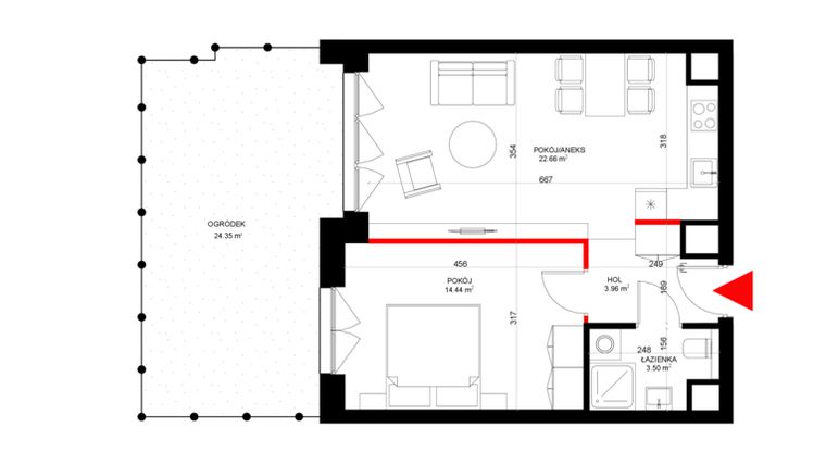 Rzut - Mieszkanie na sprzedaż 2 pokoje o powierzchni 46,14 m² - numer E.0.1 w INSPIRE ETAP IV – bud. E
