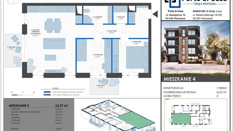 Rzut - Mieszkanie na sprzedaż 3 pokoje o powierzchni 63,27 m² - numer M4 w Porto di Casa - Twoja przystań