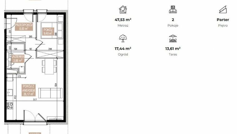 Rzut - Mieszkanie na sprzedaż 2 pokoje o powierzchni 47,53 m² - numer SWA/1/08/A w Apartamenty Świeradowska
