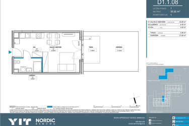 Rzut - Mieszkanie na sprzedaż 1 pokój o powierzchni 30,92 m² - numer D1.1.08 w Nordic Bemowo - etap IV