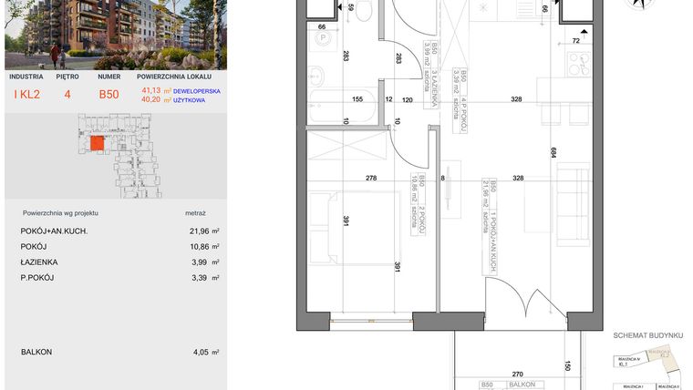 Rzut - Mieszkanie na sprzedaż 2 pokoje o powierzchni 40,2 m² - numer I-B50 w Industria etap I-B