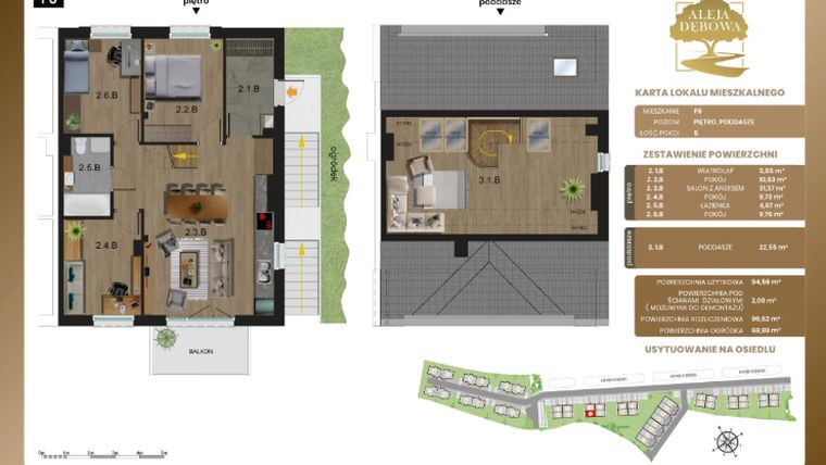 Rzut - Mieszkanie na sprzedaż 5 pokoi o powierzchni 96,62 m² - numer F6 w Aleja Dębowa III - mieszkania