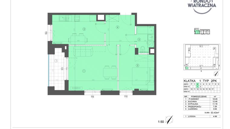 Rzut - Mieszkanie na sprzedaż 2 pokoje o powierzchni 53,43 m² - numer 1 w Rondo Wiatraczna