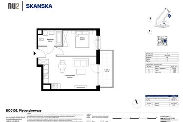 Rzut - Mieszkanie na sprzedaż 2 pokoje o powierzchni 41,55 m² - numer BC0102 w NU2 Warszawa Wola