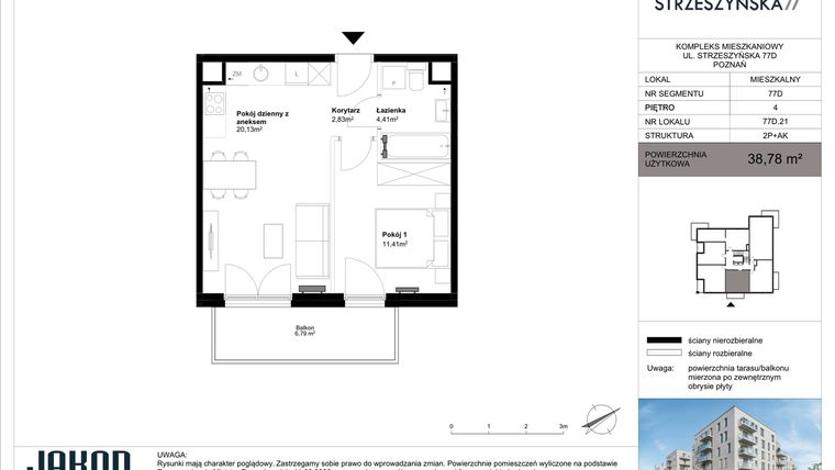 Rzut - Mieszkanie na sprzedaż 2 pokoje o powierzchni 38,78 m² - numer 77D.21 w Strzeszyńska 77