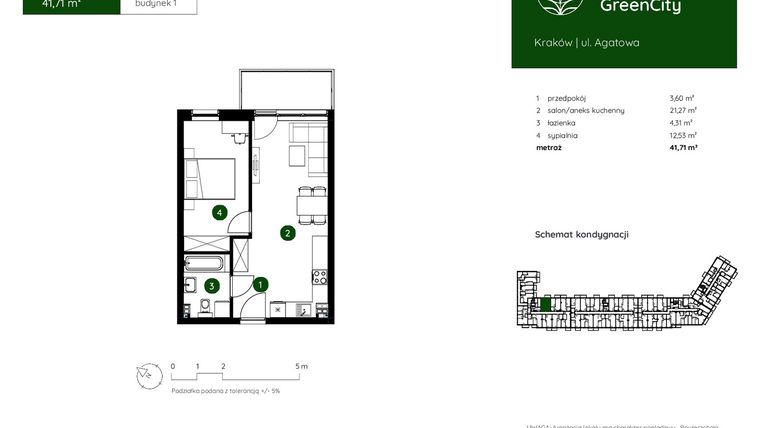 Rzut - Mieszkanie na sprzedaż 2 pokoje o powierzchni 41,71 m² - numer 1.A.1.01 w Murapol GreenCity bud. 1
